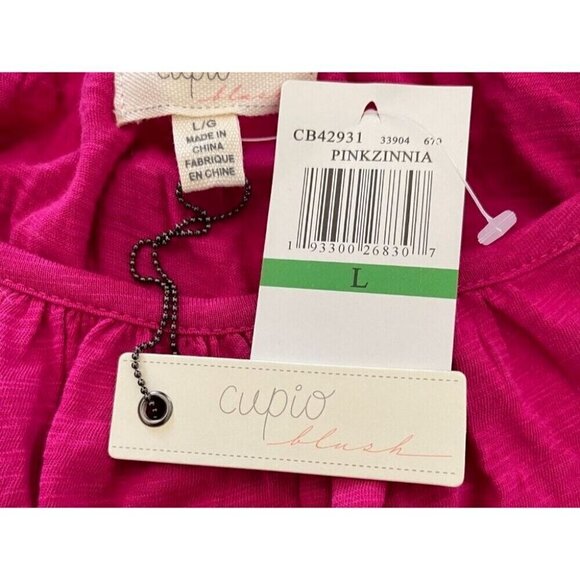 Cupio Blush L Pink Zinnia L Shirred Scoop Neck Curved Hem Cotton Blend Tank Top - Picture 6 of 6